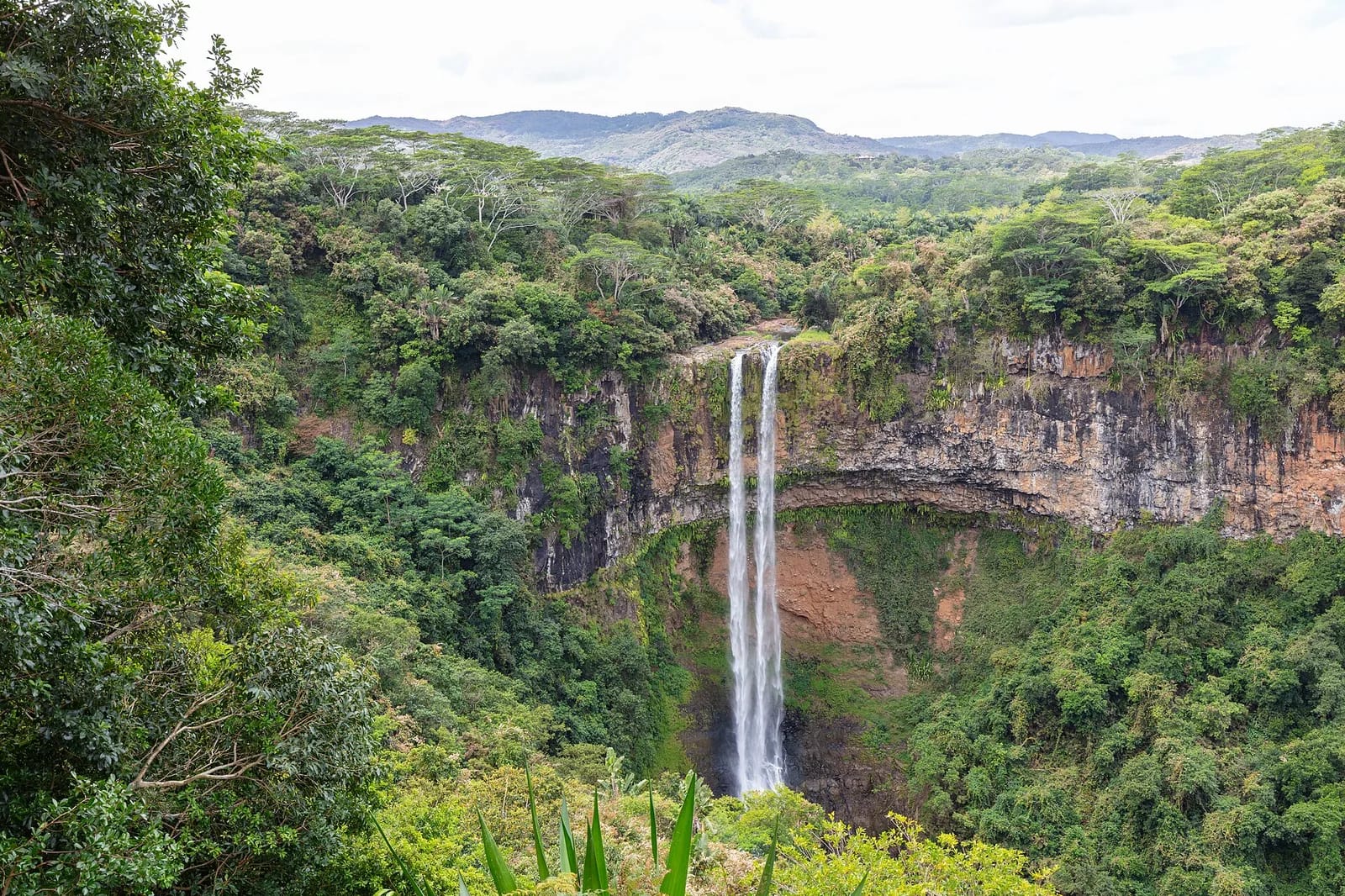 La cascade de Chamarel tombant de la falaise au milieu de la forêt dense, île Maurice