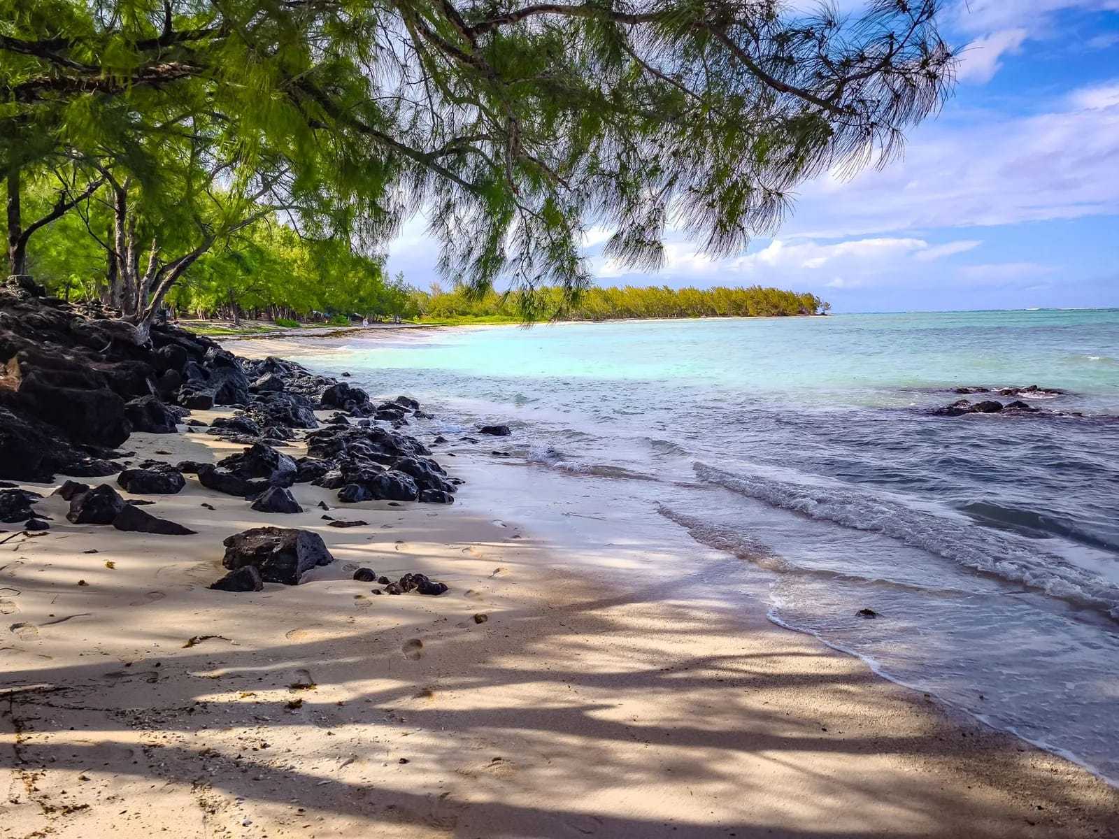 Plage de sable et rochers noirs sous les filaos, île Maurice