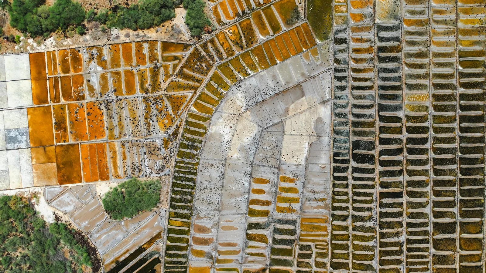 Vue aérienne des salines de Tamarin à Maurice : bassins de sel orange, blancs et bruns