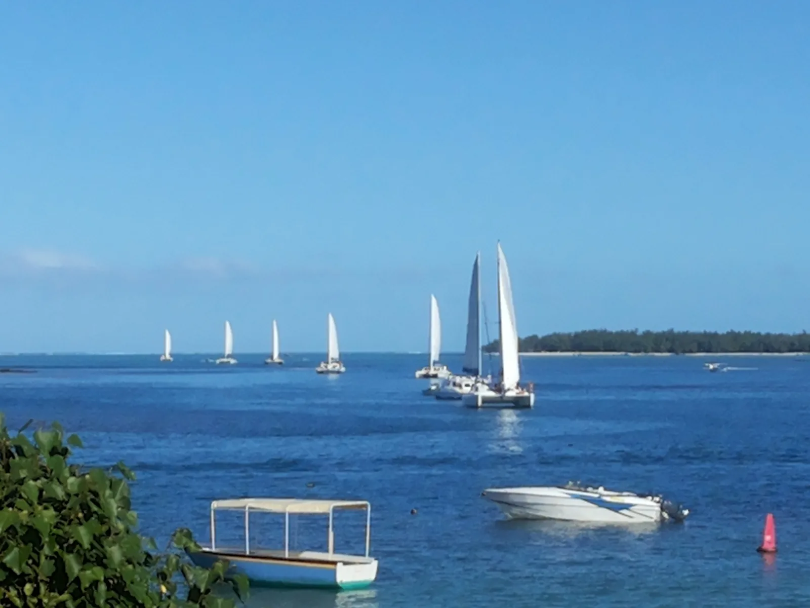 Catamarans à voile au mouillage sur le lagon de Trou d'Eau Douce, côte est de Maurice